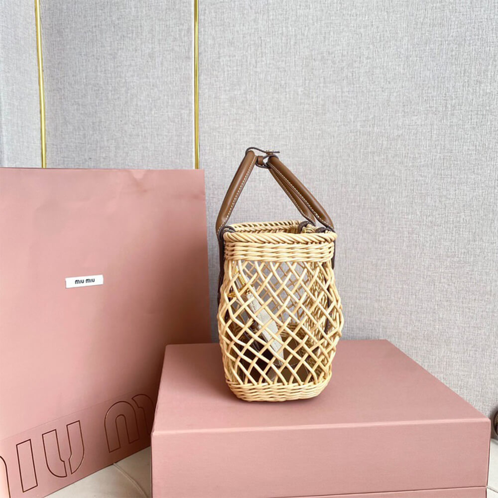 M1um1u Woven fabric handbag with leather trim(high-end grade)