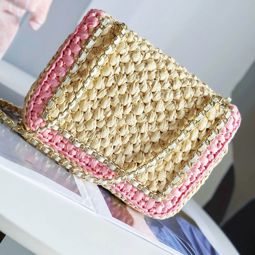Ch**el Beige Raffia Chain Handbag(HIGH-END GRADE)