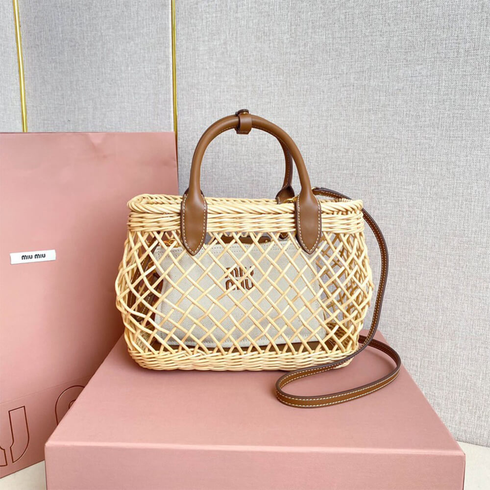 M1um1u Woven fabric handbag with leather trim(high-end grade)